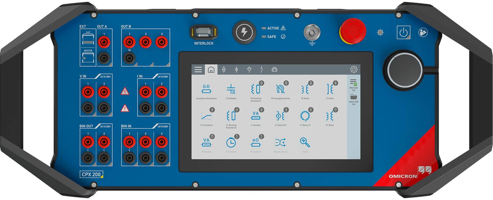 OMICRON CPX 200 testing device with intuitive touchscreen interface for commissioning, maintenance and condition assessments of medium and high voltage assets.