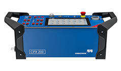 Front view of OMICRON CPX 200 device featuring dual handles, control panel with red buttons, rotary knob, and emergency stop for secure and precise diagnostics.