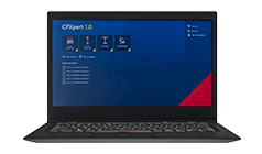 Laptop displaying CPXpert 1.0 software interface with modules for Hardware, Control Cabinet, Settings, and Visualization.