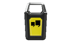 INTERLOCK key - Rectangular black and yellow lock with metallic handle and stylized quotation mark symbols on the front panel.