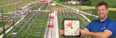 Aerial view of electrical transmission lines in electrical substation